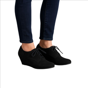 Black Wedge Suede Lace Up Ankle Bootie Heels